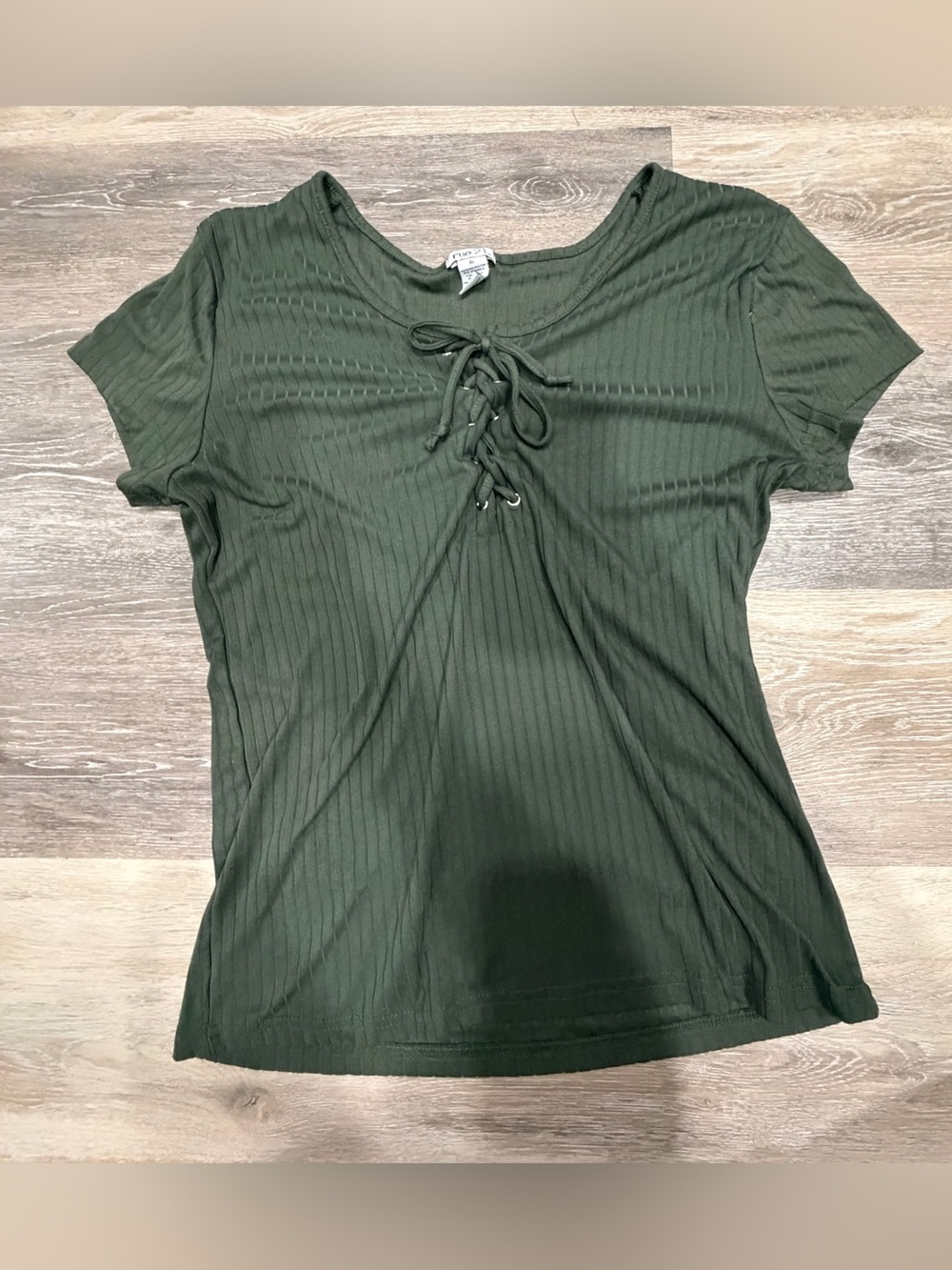 Rue21 Olive Green Ribbed Lace-Up Short Sleeve Top